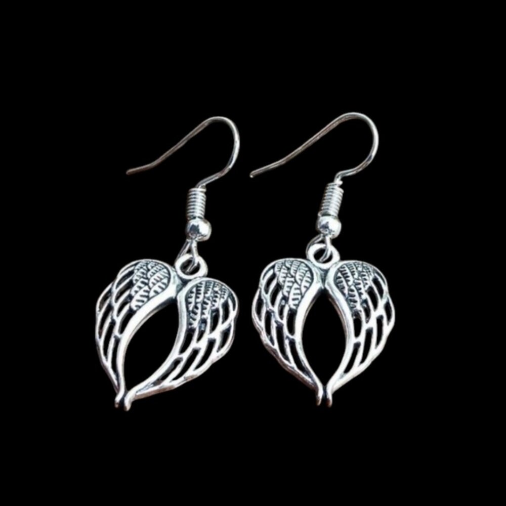 Angel Wings Charm Silver Tone Hook Earrings